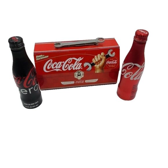 Coca Cola Metal Lunch Box Tin Collectible Red Wrench Toolbox 2 Bottles - Picture 1 of 7